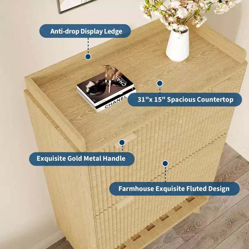 Meuble à chaussures, organiseur d'entrée, armoire cannelée de 122 cm de haut avec 2 tiroirs basculants, étagère ouverte, profil incurvé