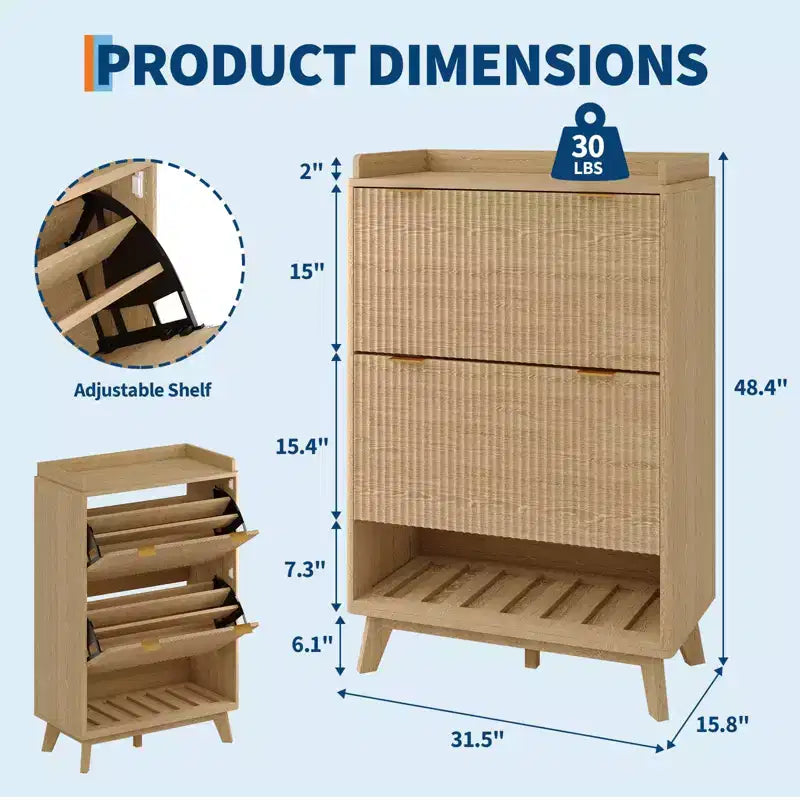 Meuble à chaussures, organiseur d'entrée, armoire cannelée de 122 cm de haut avec 2 tiroirs basculants, étagère ouverte, profil incurvé