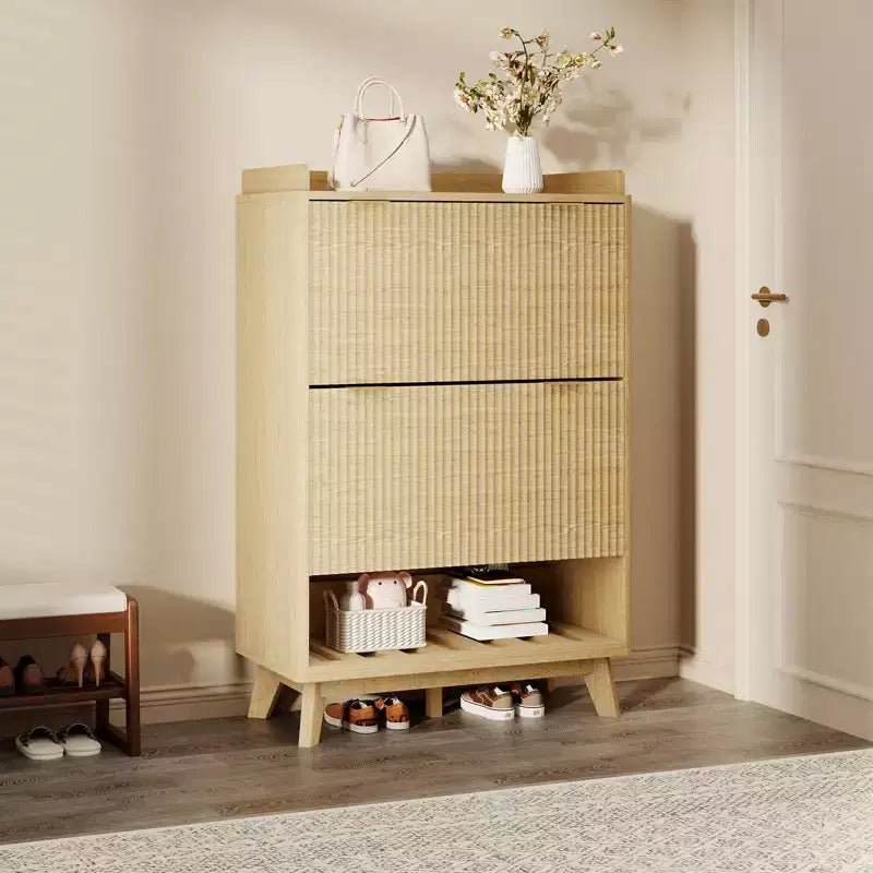 Meuble à chaussures, organiseur d'entrée, armoire cannelée de 122 cm de haut avec 2 tiroirs basculants, étagère ouverte, profil incurvé
