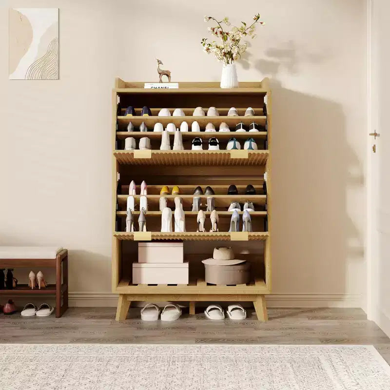 Meuble à chaussures, organiseur d'entrée, armoire cannelée de 122 cm de haut avec 2 tiroirs basculants, étagère ouverte, profil incurvé