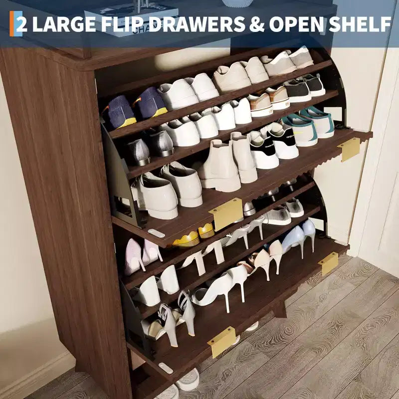 Meuble à chaussures, organiseur d'entrée, armoire cannelée de 122 cm de haut avec 2 tiroirs basculants, étagère ouverte, profil incurvé