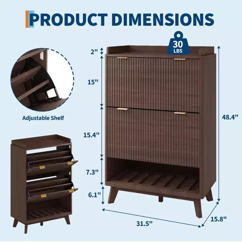 Meuble à chaussures, organiseur d'entrée, armoire cannelée de 122 cm de haut avec 2 tiroirs basculants, étagère ouverte, profil incurvé