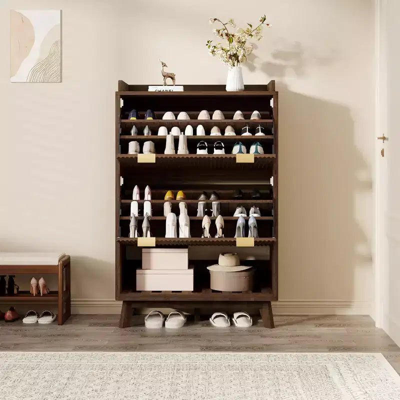 Meuble à chaussures, organiseur d'entrée, armoire cannelée de 122 cm de haut avec 2 tiroirs basculants, étagère ouverte, profil incurvé