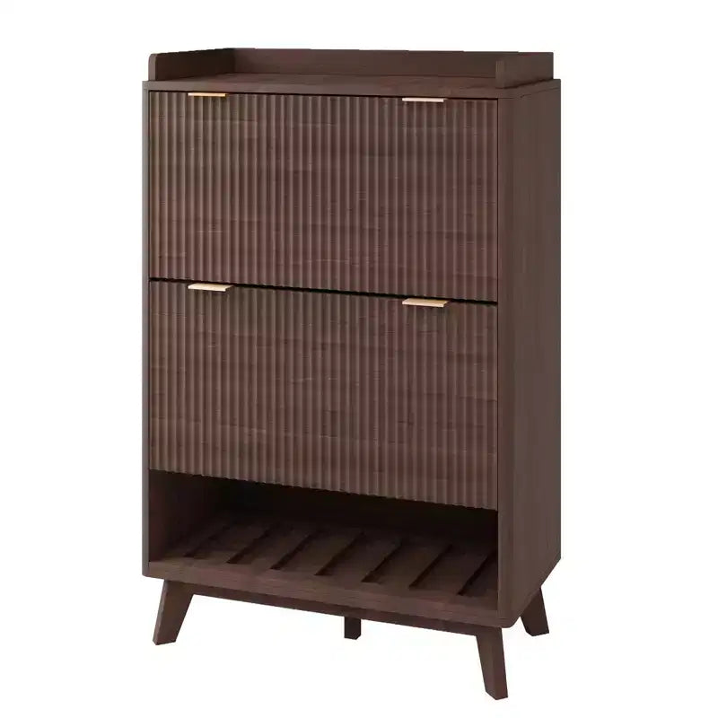 Shoe Cabinet, Entryway Organizer  48 Tall Fluted Cabinet with 2 Flip Drawers Open Shelf Curved Profile