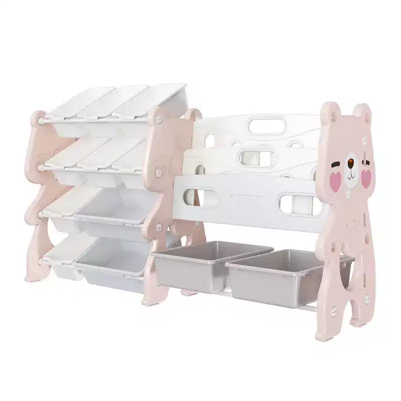 VIYET 34 Kids Toy Storage Organizer, Pink Polyethylene Unit w/ 2-Tier Bookshelf &amp; 12 Toy Bins (Playroom/Bedroom Classroom Organizer)