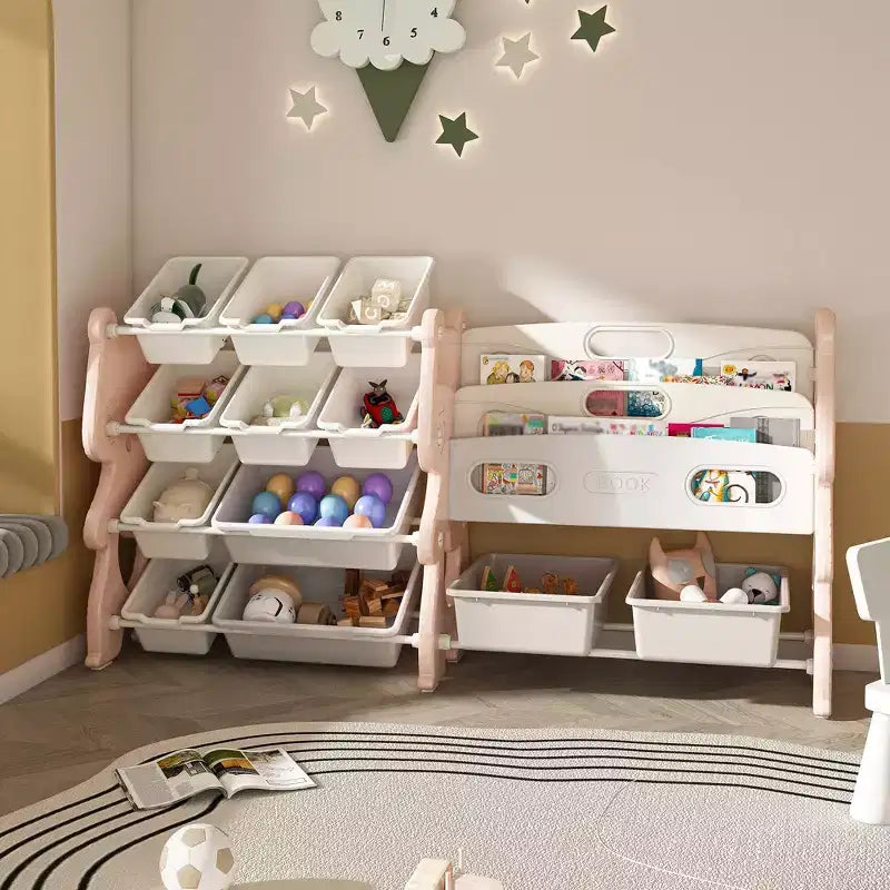 Meuble de rangement 34 bacs pour jouets d'enfants, unité en polyéthylène rose avec étagère à 2 niveaux et 12 bacs de rangement (organiseur de salle de jeux/chambre/salle de classe)