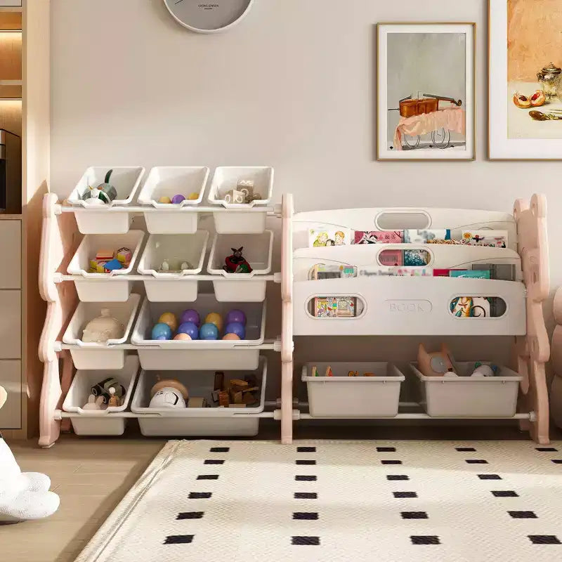 Meuble de rangement 34 bacs pour jouets d'enfants, unité en polyéthylène rose avec étagère à 2 niveaux et 12 bacs de rangement (organiseur de salle de jeux/chambre/salle de classe)