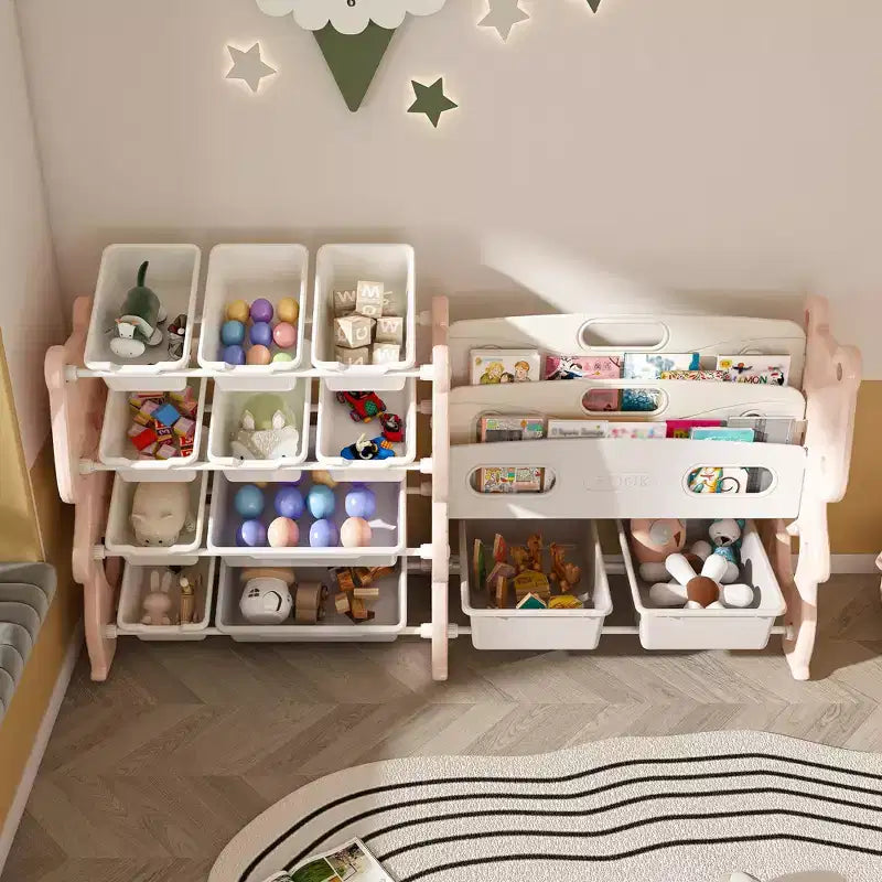 Meuble de rangement 34 bacs pour jouets d'enfants, unité en polyéthylène rose avec étagère à 2 niveaux et 12 bacs de rangement (organiseur de salle de jeux/chambre/salle de classe)