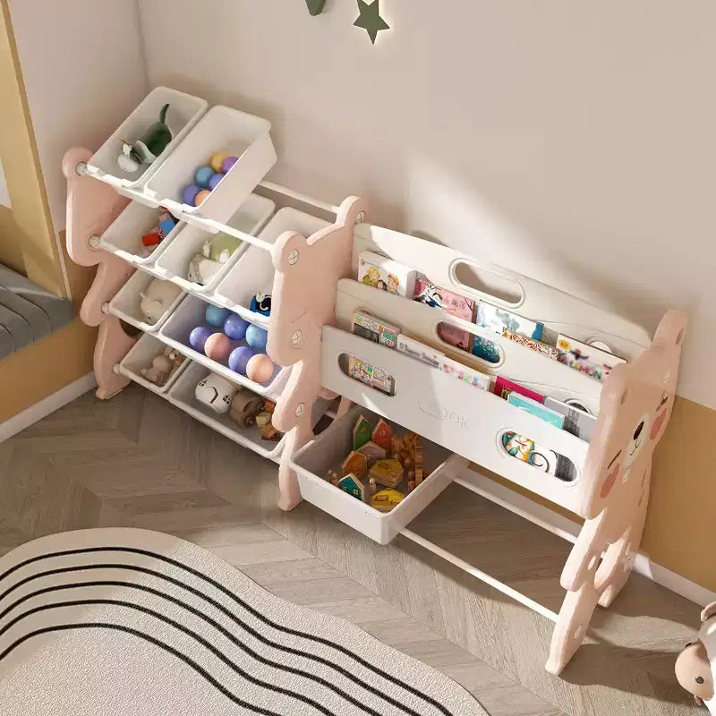 Meuble de rangement 34 bacs pour jouets d'enfants, unité en polyéthylène rose avec étagère à 2 niveaux et 12 bacs de rangement (organiseur de salle de jeux/chambre/salle de classe)