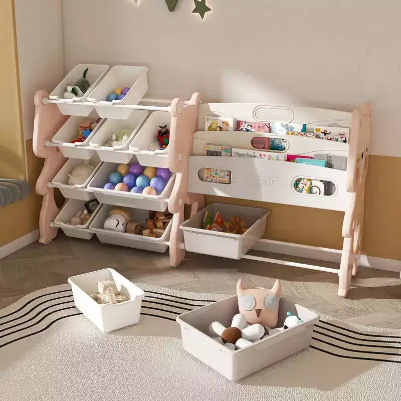 Meuble de rangement 34 bacs pour jouets d'enfants, unité en polyéthylène rose avec étagère à 2 niveaux et 12 bacs de rangement (organiseur de salle de jeux/chambre/salle de classe)