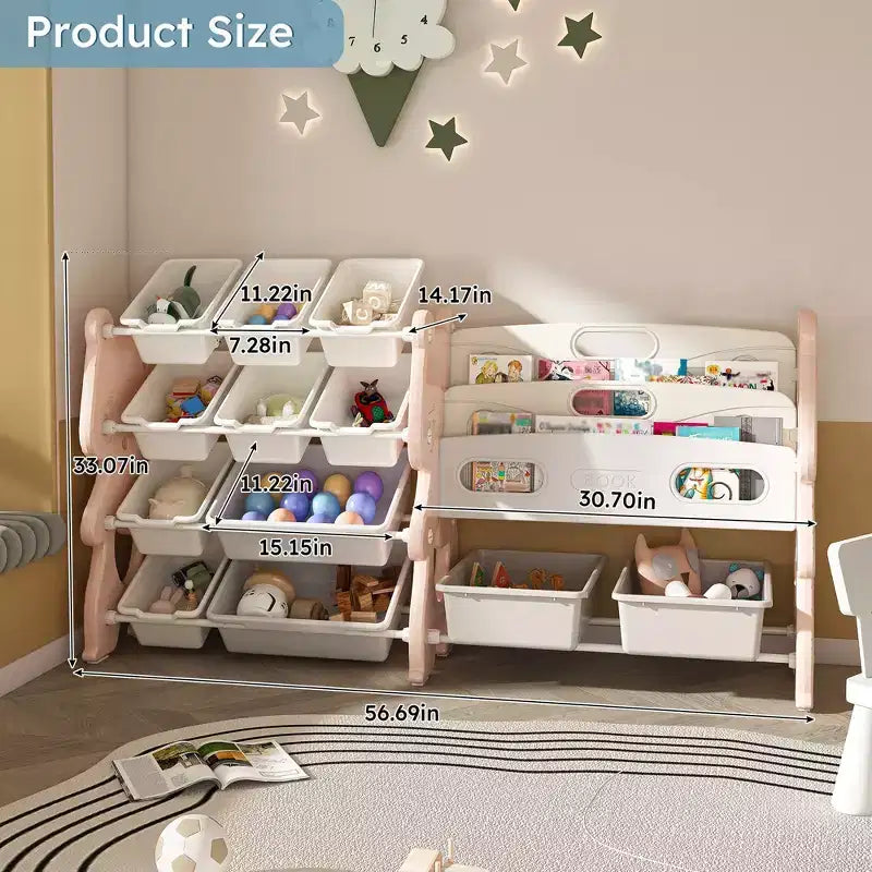 Meuble de rangement 34 bacs pour jouets d'enfants, unité en polyéthylène rose avec étagère à 2 niveaux et 12 bacs de rangement (organiseur de salle de jeux/chambre/salle de classe)