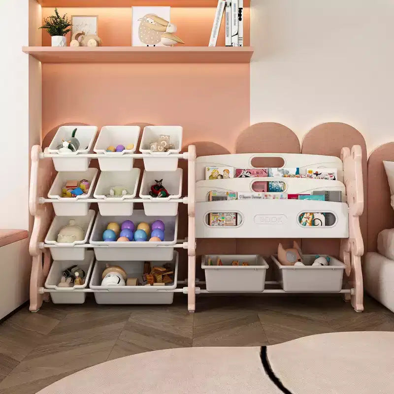 Meuble de rangement 34 bacs pour jouets d'enfants, unité en polyéthylène rose avec étagère à 2 niveaux et 12 bacs de rangement (organiseur de salle de jeux/chambre/salle de classe)