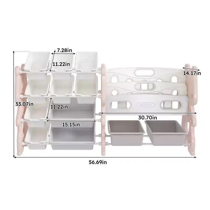 Meuble de rangement 34 bacs pour jouets d'enfants, unité en polyéthylène rose avec étagère à 2 niveaux et 12 bacs de rangement (organiseur de salle de jeux/chambre/salle de classe)