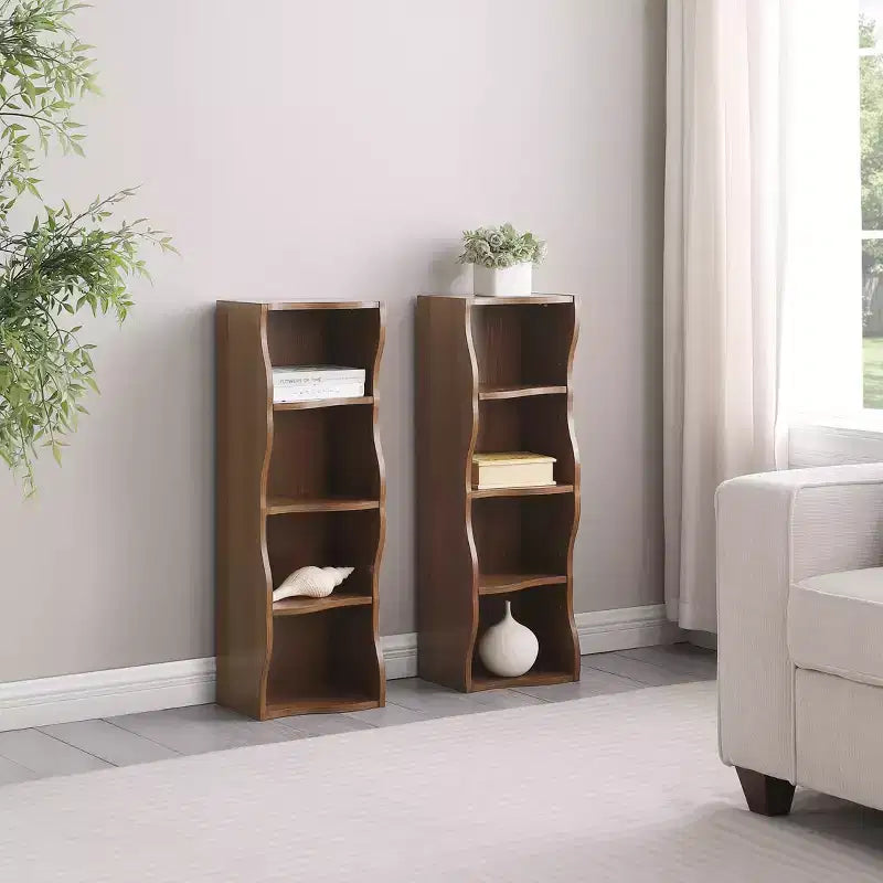 Étagère réglable ultra-fine 718-Tier, Présentoir en MDF Noyer avec Bordure Ondulée (Organisateur de Bureau Amovible)