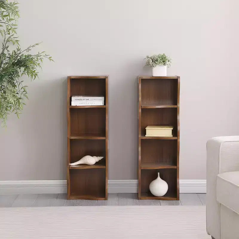 Étagère réglable ultra-fine 718-Tier, Présentoir en MDF Noyer avec Bordure Ondulée (Organisateur de Bureau Amovible)