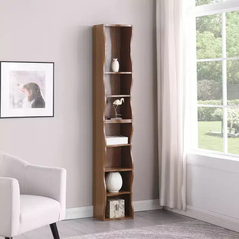 Étagère réglable ultra-fine 718-Tier, Présentoir en MDF Noyer avec Bordure Ondulée (Organisateur de Bureau Amovible)