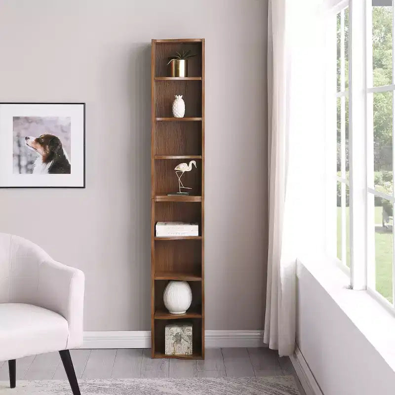 Étagère réglable ultra-fine 718-Tier, Présentoir en MDF Noyer avec Bordure Ondulée (Organisateur de Bureau Amovible)