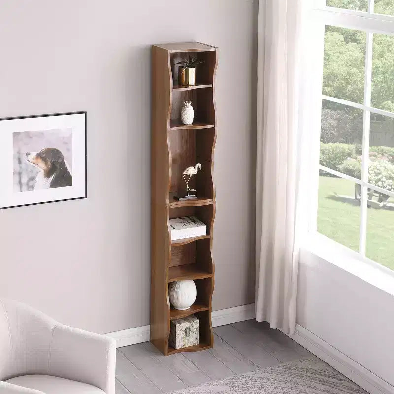 Étagère réglable ultra-fine 718-Tier, Présentoir en MDF Noyer avec Bordure Ondulée (Organisateur de Bureau Amovible)