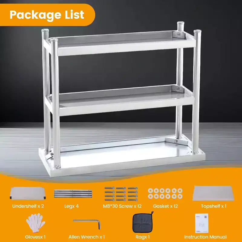 Table utilitaire robuste à 3 niveaux en acier inoxydable, plan de travail résistant à la rouille pour l'extérieur et l'intérieur avec étagères de rangement pour cuisine ou patio, 14x24x34 pouces