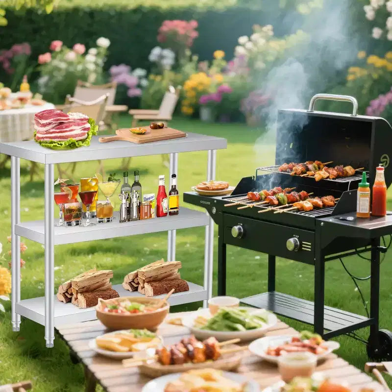 Table utilitaire robuste à 3 niveaux en acier inoxydable, plan de travail résistant à la rouille pour l'extérieur et l'intérieur avec étagères de rangement pour cuisine ou patio, 14x24x34 pouces