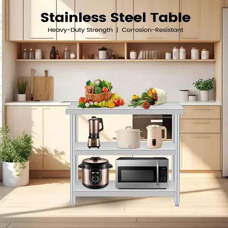 Table utilitaire robuste à 3 niveaux en acier inoxydable, plan de travail résistant à la rouille pour l'extérieur et l'intérieur avec étagères de rangement pour cuisine ou patio, 14x24x34 pouces