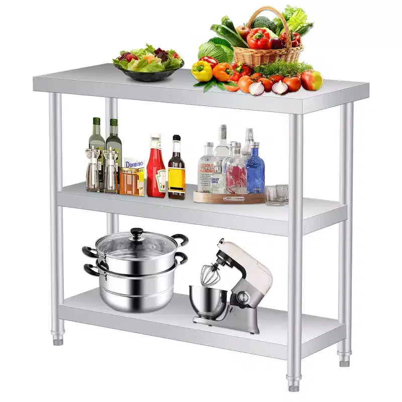 Table utilitaire robuste à 3 niveaux en acier inoxydable, plan de travail résistant à la rouille pour l'extérieur et l'intérieur avec étagères de rangement pour cuisine ou patio, 14x24x34 pouces