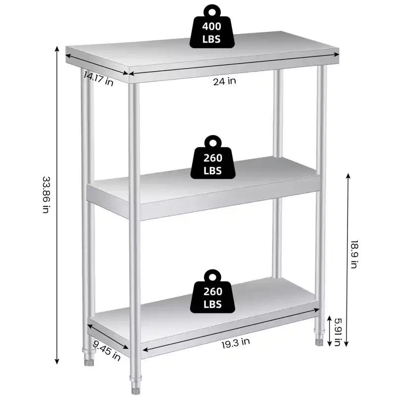 Table utilitaire robuste à 3 niveaux en acier inoxydable, plan de travail résistant à la rouille pour l'extérieur et l'intérieur avec étagères de rangement pour cuisine ou patio, 14x24x34 pouces