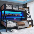Full XL/Queen or Full+Storage Board/Queen Bunk Bed, Metal Bunk Bed with Storage Shelves and Lights, Space-saving &amp; Noise-free Design, Black