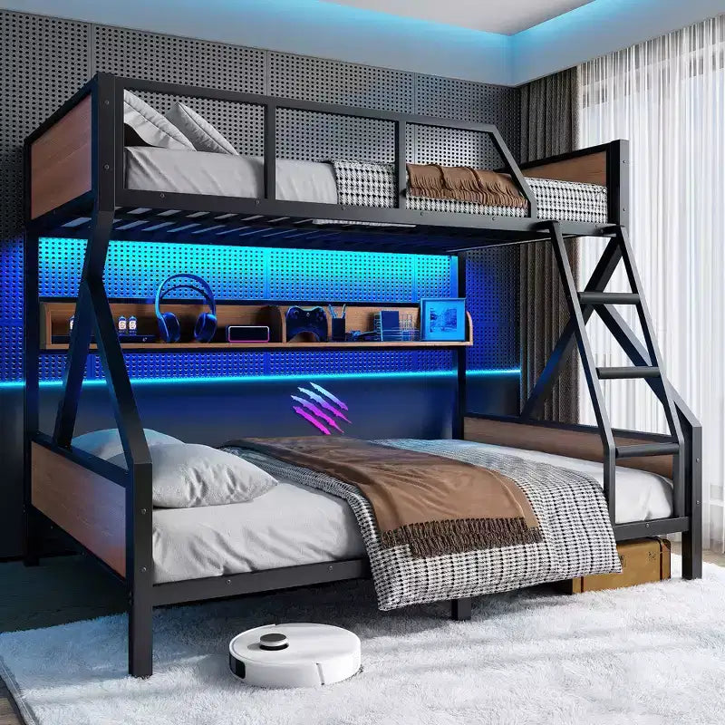 Full XL/Queen or Full+Storage Board/Queen Bunk Bed, Metal Bunk Bed with Storage Shelves and Lights, Space-saving &amp; Noise-free Design, Black
