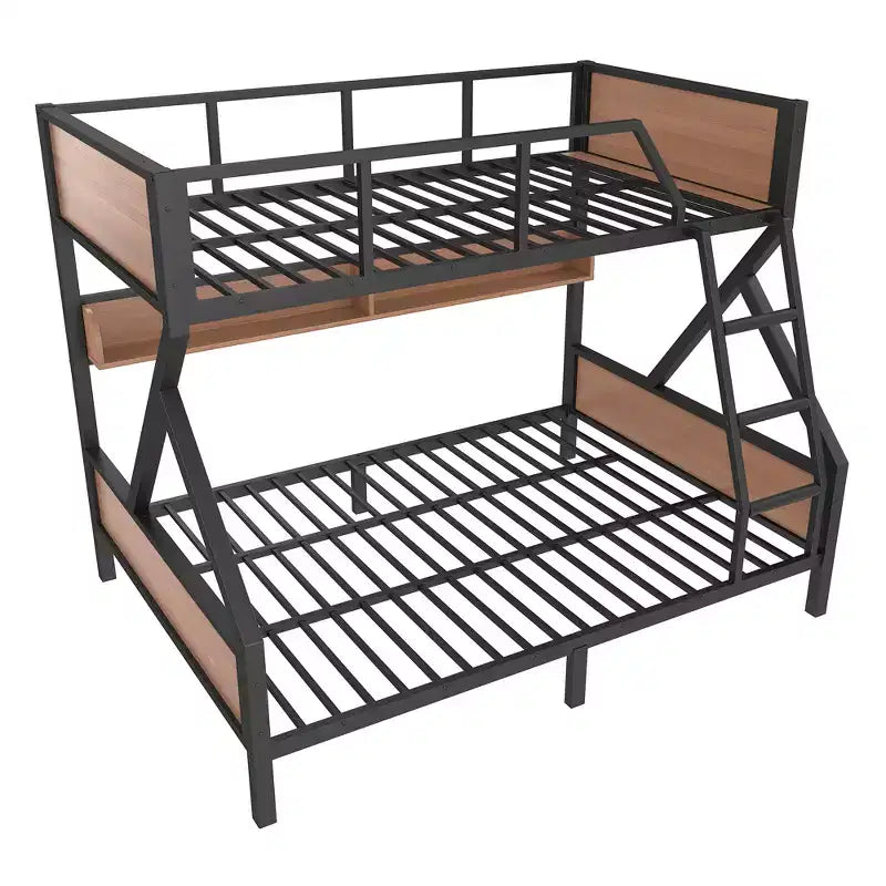 Lit superposé double XL/Queen ou double + planche de rangement/Queen, lit superposé en métal avec étagères de rangement et lumières, design compact et silencieux, noir