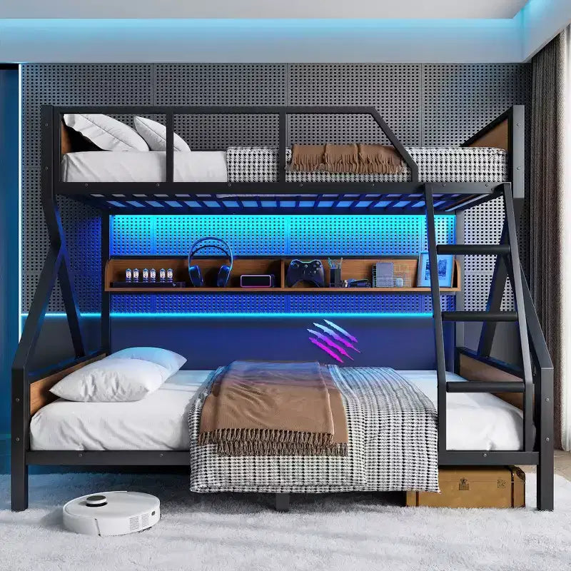 Lit superposé double XL/Queen ou double + planche de rangement/Queen, lit superposé en métal avec étagères de rangement et lumières, design compact et silencieux, noir