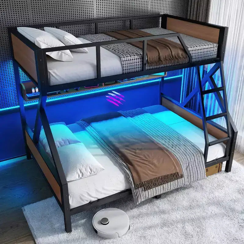 Lit superposé double XL/Queen ou double + planche de rangement/Queen, lit superposé en métal avec étagères de rangement et lumières, design compact et silencieux, noir
