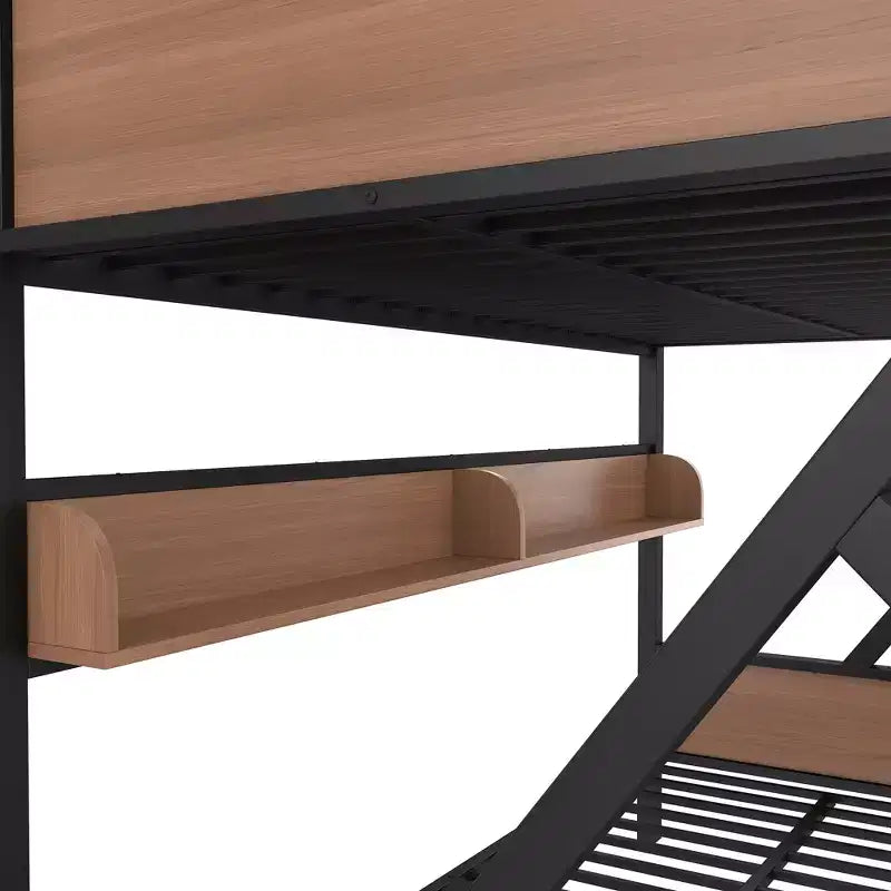 Lit superposé double XL/Queen ou double + planche de rangement/Queen, lit superposé en métal avec étagères de rangement et lumières, design compact et silencieux, noir