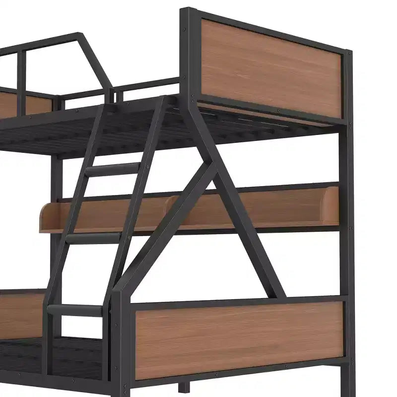 Lit superposé double XL/Queen ou double + planche de rangement/Queen, lit superposé en métal avec étagères de rangement et lumières, design compact et silencieux, noir