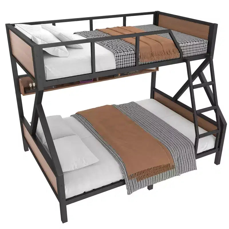 Lit superposé double XL/Queen ou double + planche de rangement/Queen, lit superposé en métal avec étagères de rangement et lumières, design compact et silencieux, noir