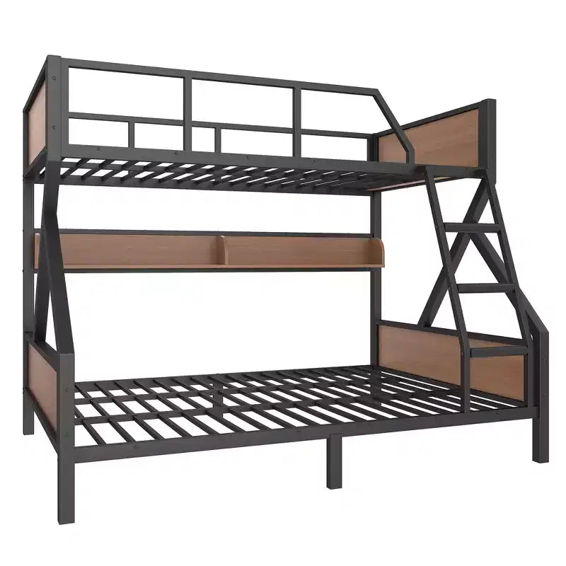 Lit superposé double XL/Queen ou double + planche de rangement/Queen, lit superposé en métal avec étagères de rangement et lumières, design compact et silencieux, noir