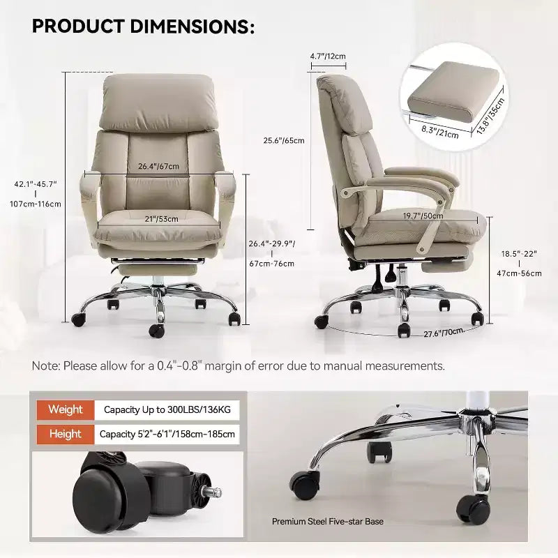 Fauteuil de bureau confortable en cuir PU à dossier haut inclinable pivotant avec roulettes et support lombaire