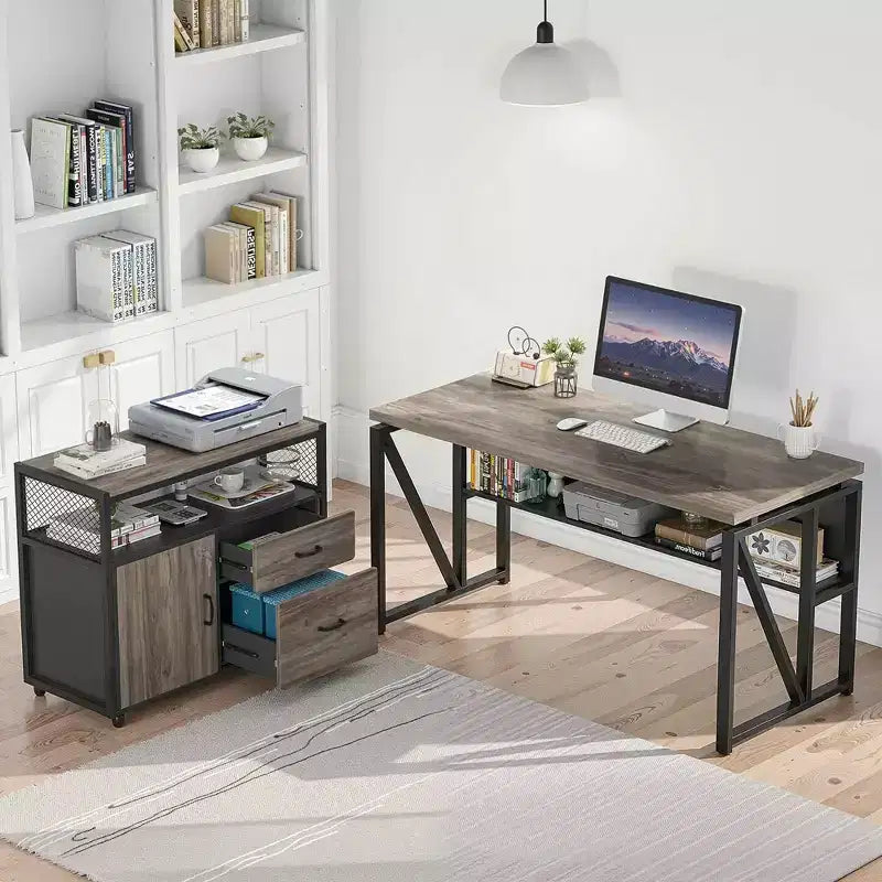 Bureau de direction en L de 63 po, avec étagères de rangement et classeur mobile à 2 tiroirs