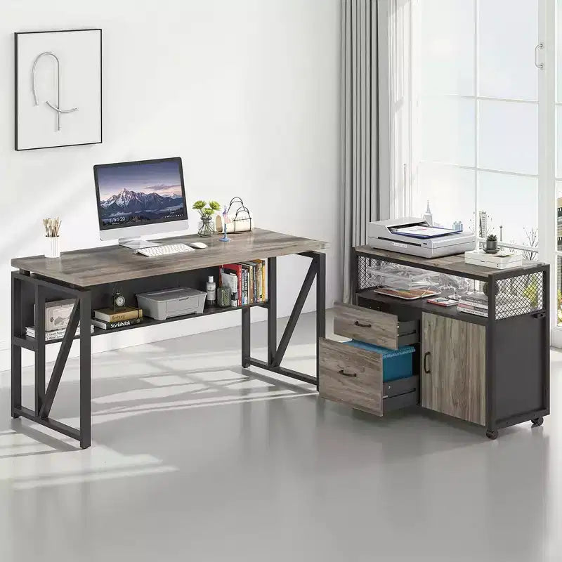 Bureau de direction en L de 63 po, avec étagères de rangement et classeur mobile à 2 tiroirs