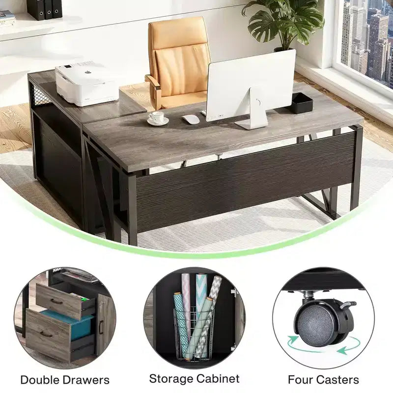 Bureau de direction en L de 63 po, avec étagères de rangement et classeur mobile à 2 tiroirs