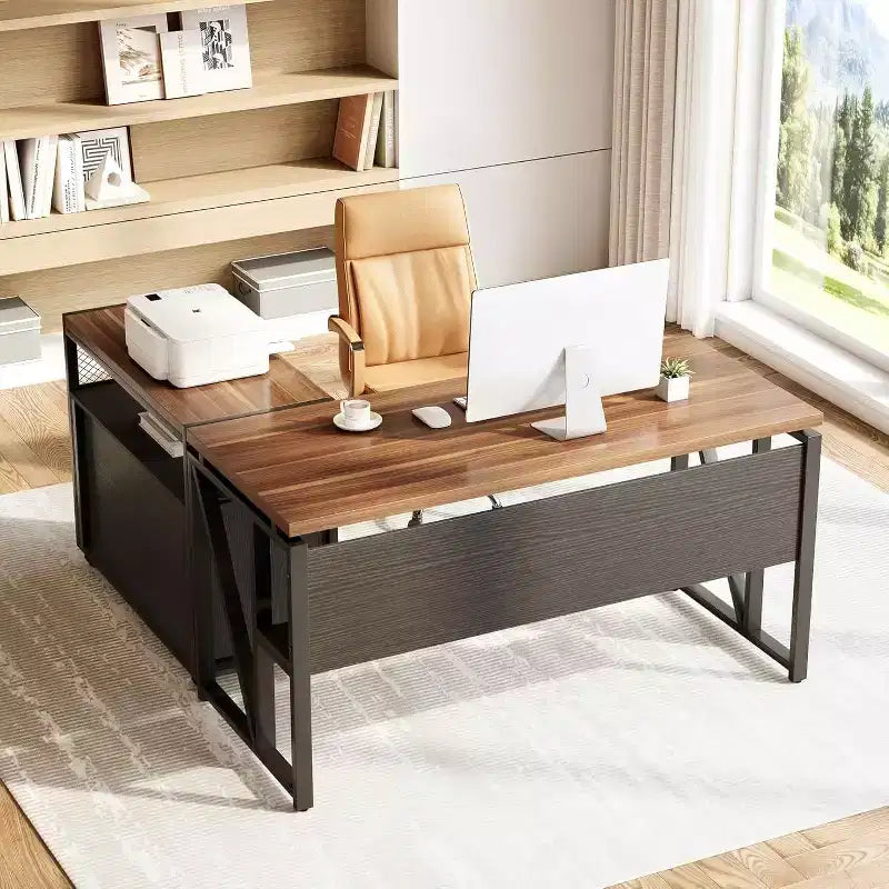 MAYEERTY 63 L-Shaped Executive Desk, with Storage Shelves and 2-Drawer Mobile File Cabinet
