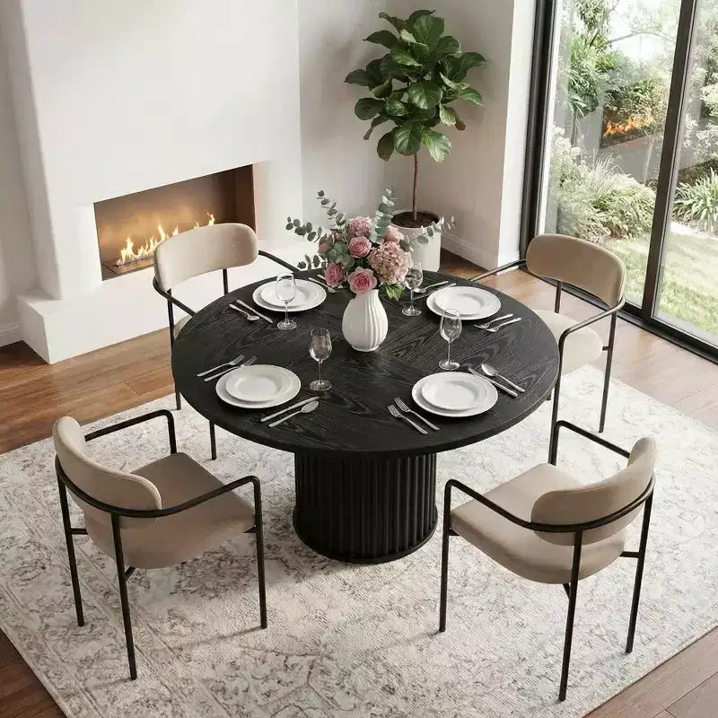 Table de salle à manger ronde de 47 po, table de cuisine avec base cannelée en métal robuste