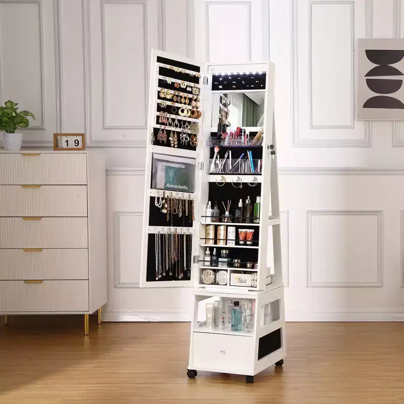 360 Swivel Lockable Jewelry Armoire Cabinet with LED Light, Screen Interface Full-Length Mirror, 3 Shelves &amp; Drawer, Storage Organizer White