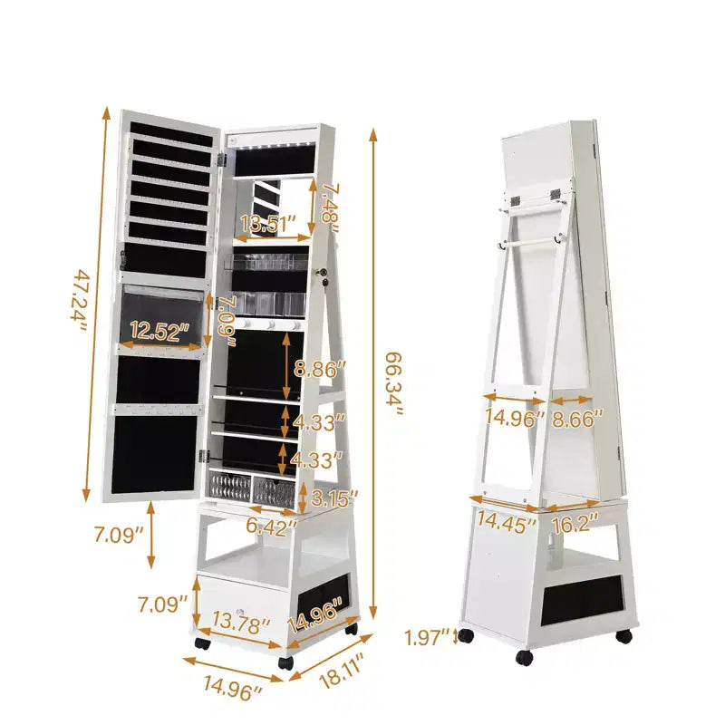 Armoire à bijoux pivotante à 360° verrouillable avec lumière LED, miroir pleine longueur à écran tactile, 3 étagères et tiroir, organisateur de rangement blanc