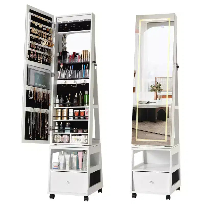 Armoire à bijoux pivotante à 360° verrouillable avec lumière LED, miroir pleine longueur à écran tactile, 3 étagères et tiroir, organisateur de rangement blanc