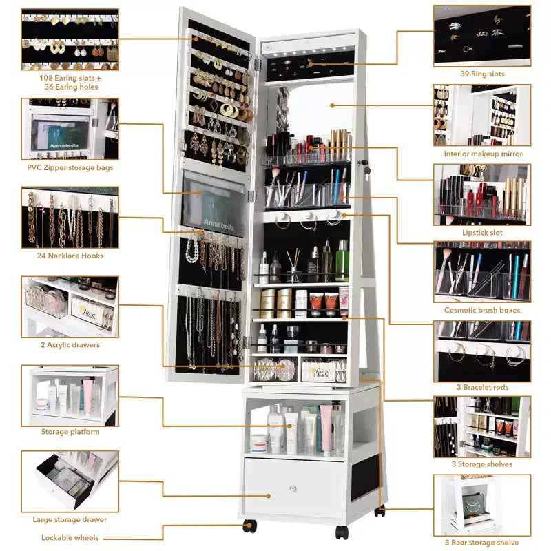 Armoire à bijoux pivotante à 360° verrouillable avec lumière LED, miroir pleine longueur à écran tactile, 3 étagères et tiroir, organisateur de rangement blanc