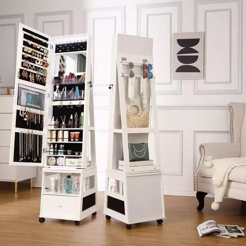 Armoire à bijoux pivotante à 360° verrouillable avec lumière LED, miroir pleine longueur à écran tactile, 3 étagères et tiroir, organisateur de rangement blanc