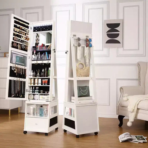 Armoire à bijoux pivotante à 360° verrouillable avec lumière LED, miroir pleine longueur à écran tactile, 3 étagères et tiroir, organisateur de rangement blanc