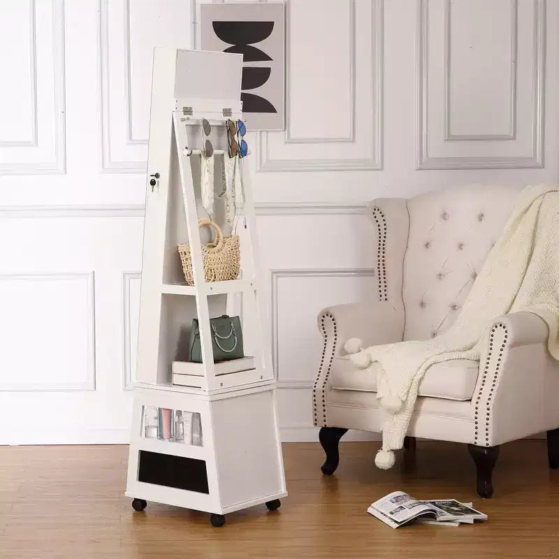Armoire à bijoux pivotante à 360° verrouillable avec lumière LED, miroir pleine longueur à écran tactile, 3 étagères et tiroir, organisateur de rangement blanc