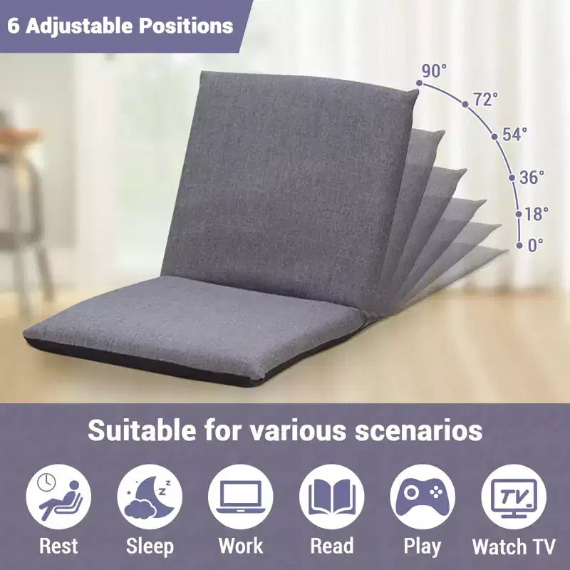 Chaise de sol avec support dorsal, coussin de méditation à 6 positions réglables avec cadre en acier au carbone et housse lavable